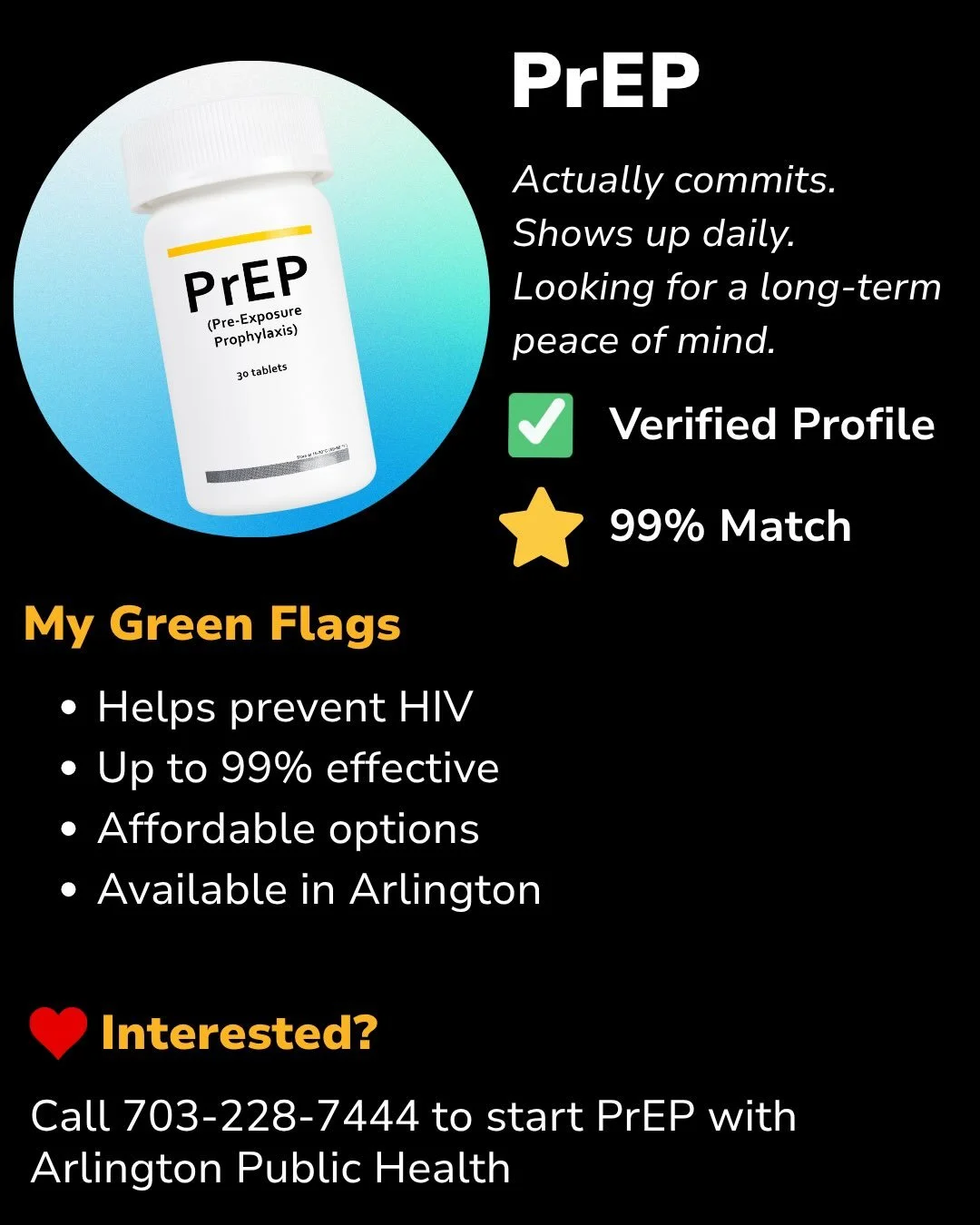 🏳️&zwj;🌈🩺Looking for free or low cost protection to lower your risk of HIV infection by up to 99%? Arlington Public Health now offers PrEP to any community member who wants it. Call 703-228-7444 or visit Arlingtonva.us/STI to learn more!