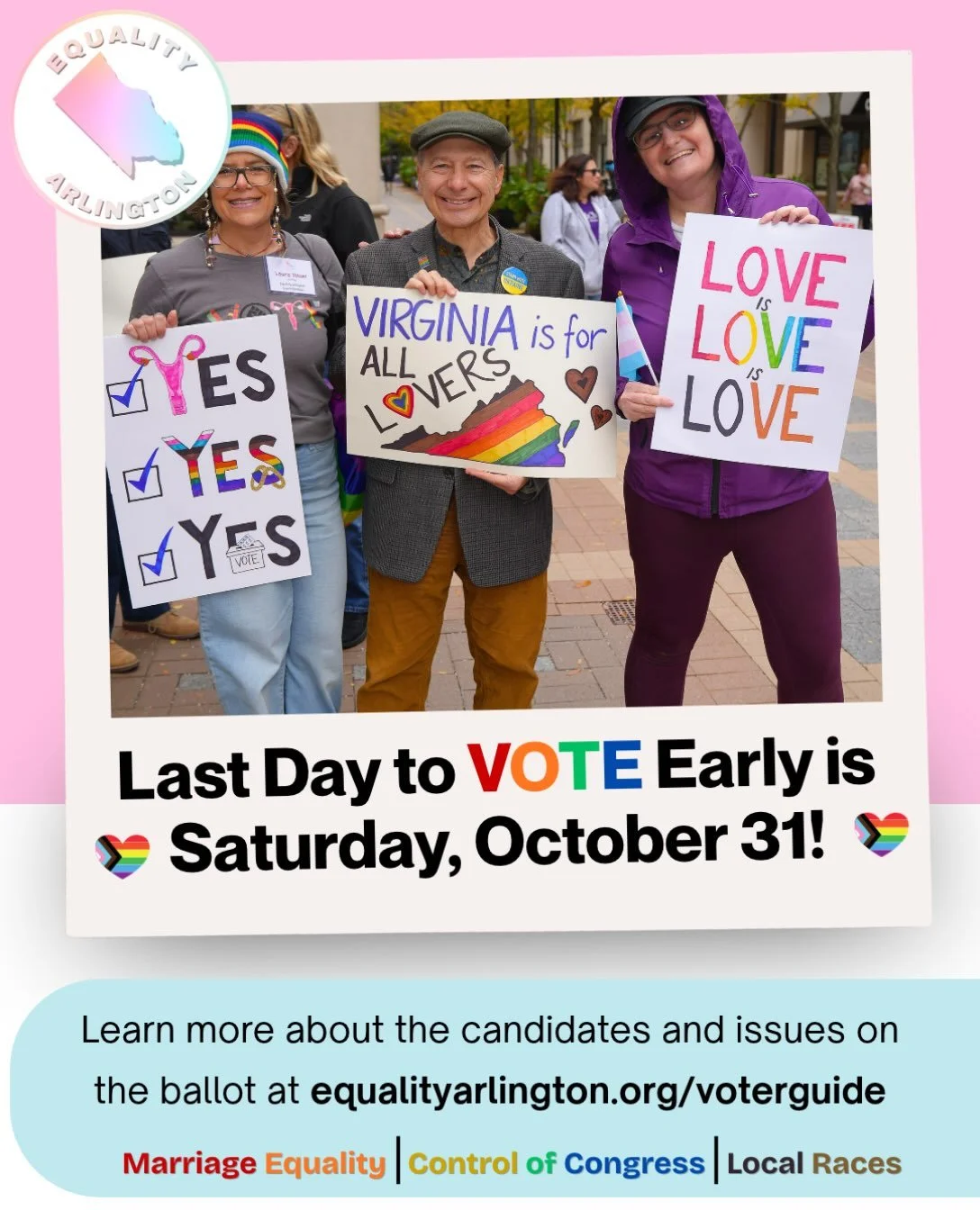 🏳️&zwj;🌈🏳️&zwj;⚧️🗳️EARLY VOTING ends Tomorrow (10/31)! VOTE YES on Constitutional Amendment Question 2 (Marriage Equality). ELECTION DAY is Tuesday, November 3rd.
Learn more about candidates and ballot questions at: https://www.equalityarlington.