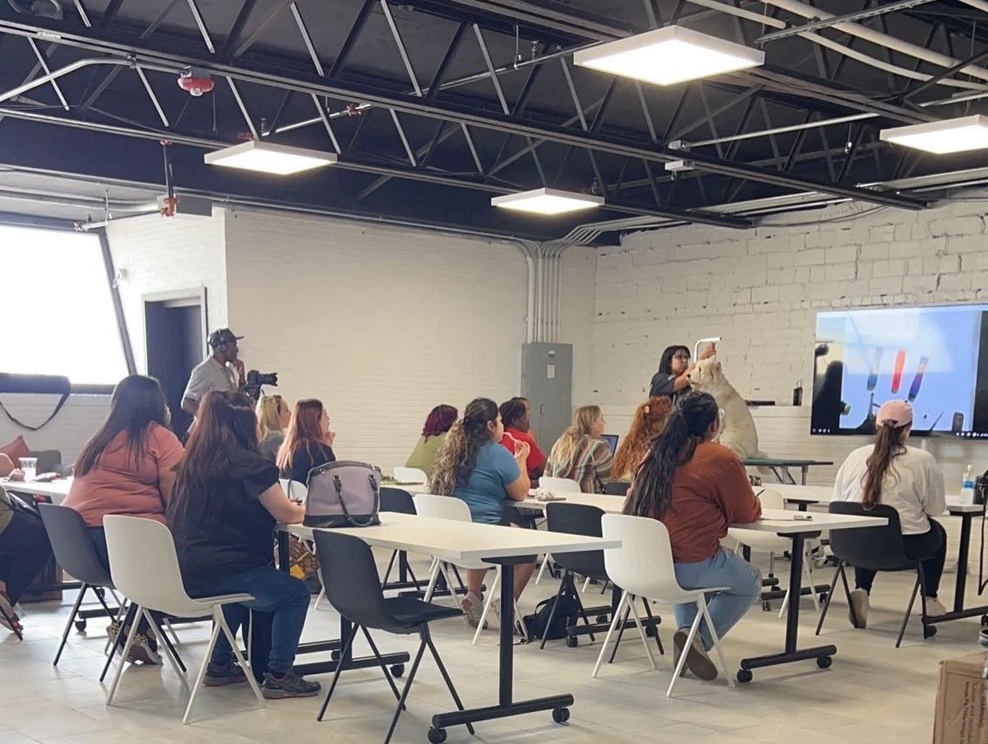 A classroom or workshop setting with a group of people sitting at tables, watching a woman demonstrating how to groom a dog on a large screen. A cameraman is recording the event.
