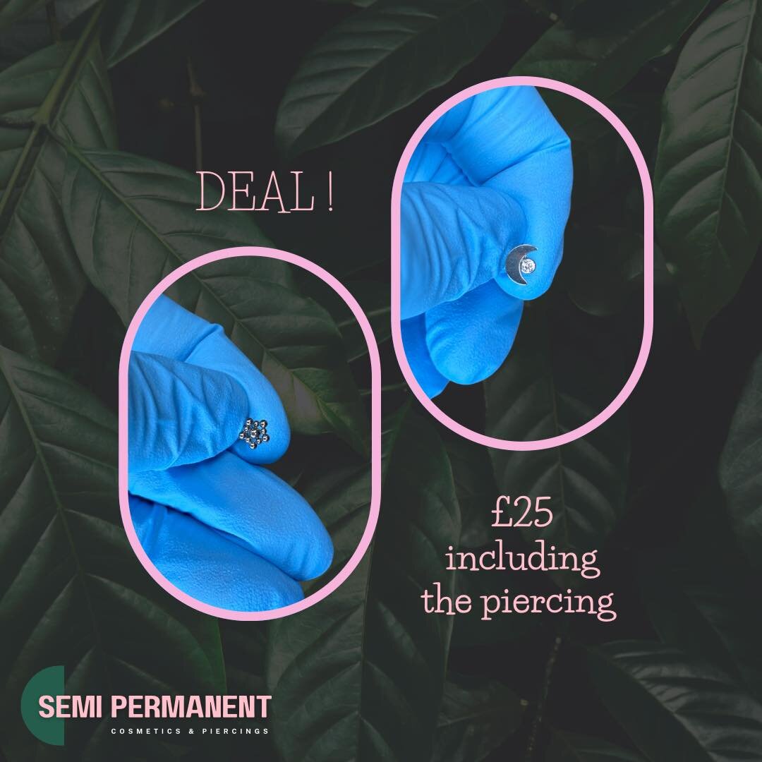 Grab a deal! 
2 of each available 

&pound;25 each including the piercing. 
These pieces would be perfect for a helix, conch, tragus, or flat. 

Book online or DM us to book in

#piercingdeal #conch #tragus #traguspiercing #helixpiercing #helix #conc