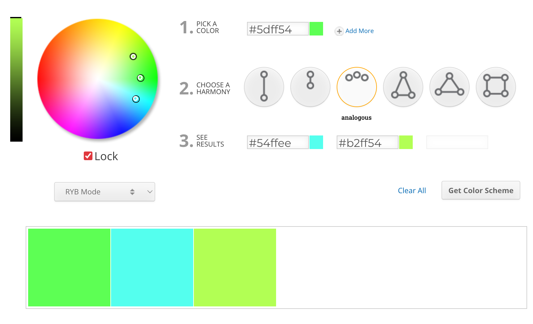 a screenshot of Sessions College color picker with a color wheel and options to click on numerous harmonies for color. In this photo we are picking an analogous harmony of lime green, turquoise and green