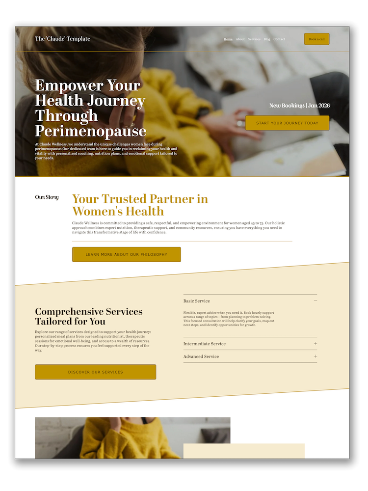 A website homepage titled 'The 'Claude' Template' promoting women's health services during perimenopause, with a background image of a woman in a yellow sweater working on a device, and buttons for booking a call and starting a health journey.