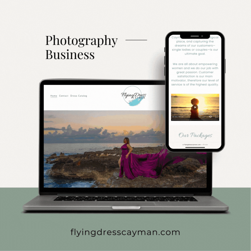A laptop and smartphone displaying a photography business website called Flying Dress Cayman. The laptop shows a woman in a flowing purple dress at a beach location. The smartphone displays a text description and a video thumbnail. The text reads: 'Photography Business' and the URL is flyingdresscayman.com.