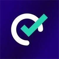 Teal checkmark inside a white semicircle on dark blue background