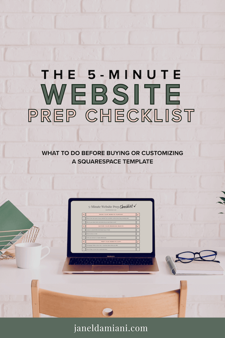 E-book cover titled 'The 5-Minute Website Prep Checklist' with a white brick wall background, showing a desk with a laptop displaying a checklist, reading glasses, a notebook, pen, and cup.