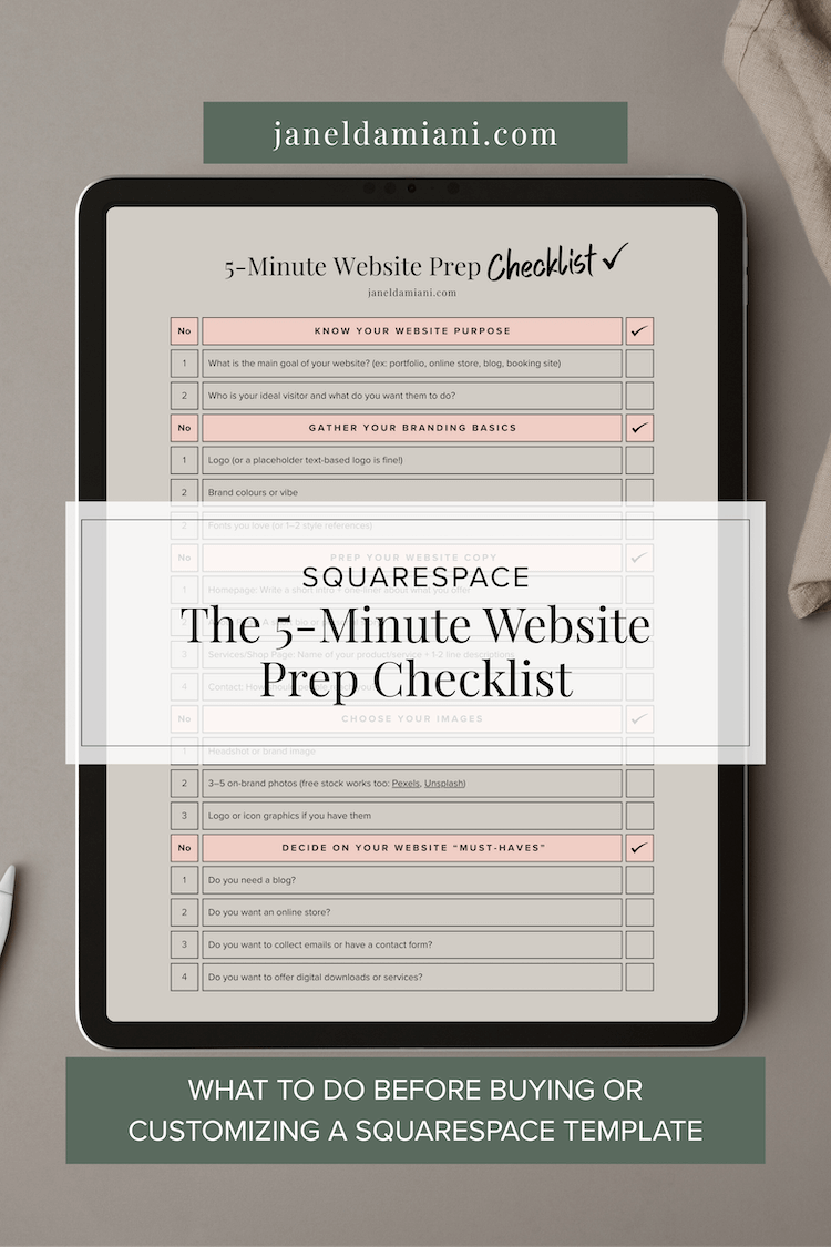 An iPad displaying a checklist titled "5-Minute Website Prep Checklist" by janeldamiani.com. The checklist includes steps for website purpose, branding basics, content preparation, image selection, and decision-making on website needs. The background includes a dark green banner with the website URL at the top and a similar banner with text at the bottom.