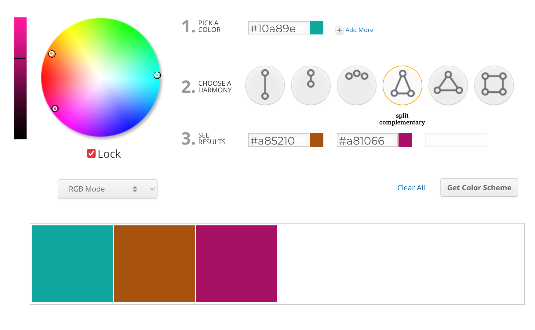 a screen shot of Sessions College color picker with a color wheel and options to click on numerous harmonies for color