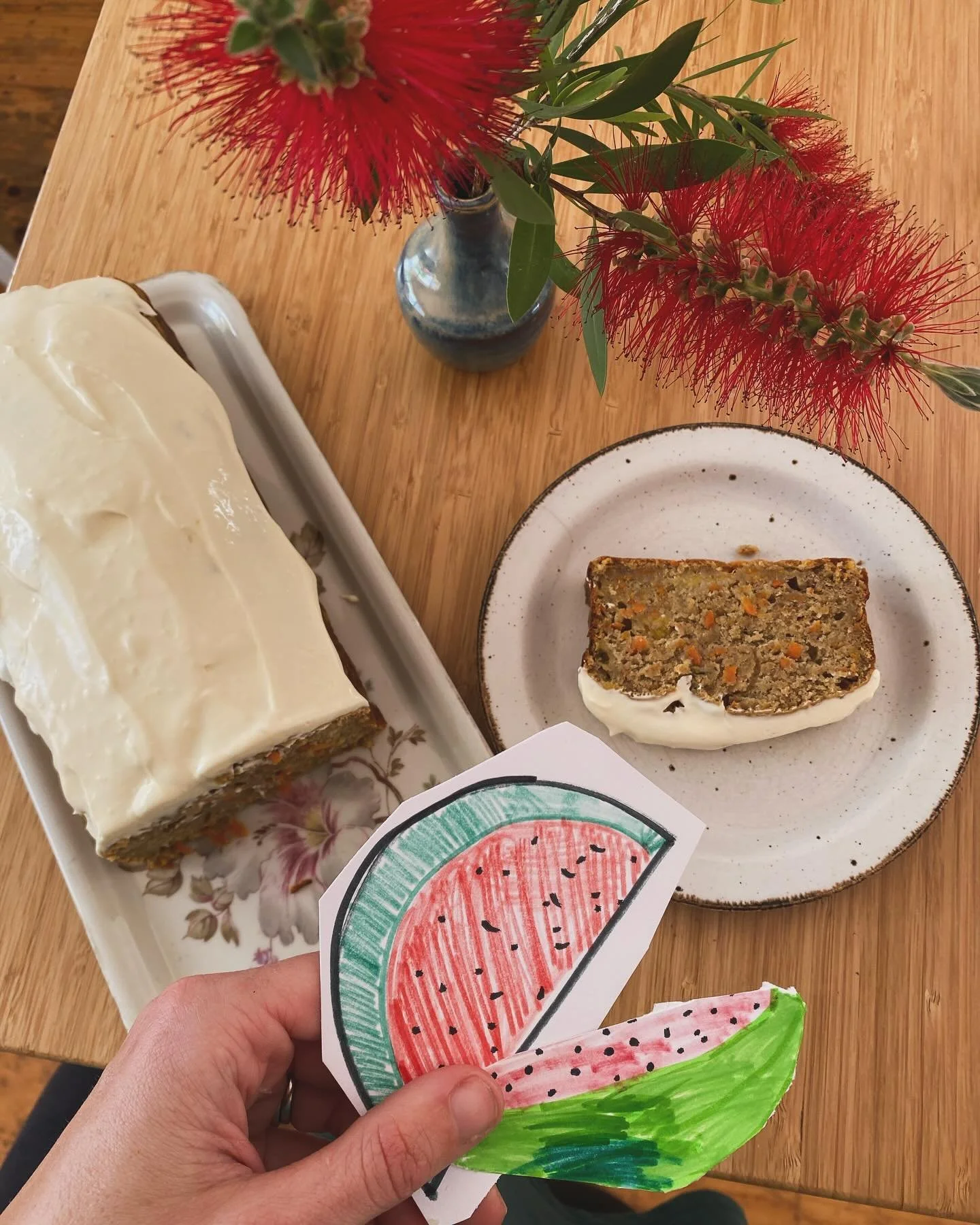 Yesterday we were unexpectedly trapped at home, as my car keys were accidentally taken on a trip to the city. While we awaited their return we replenished vases with fresh flowers (the neighbourhood bottlebrush is going nuts right now!), drew waterme