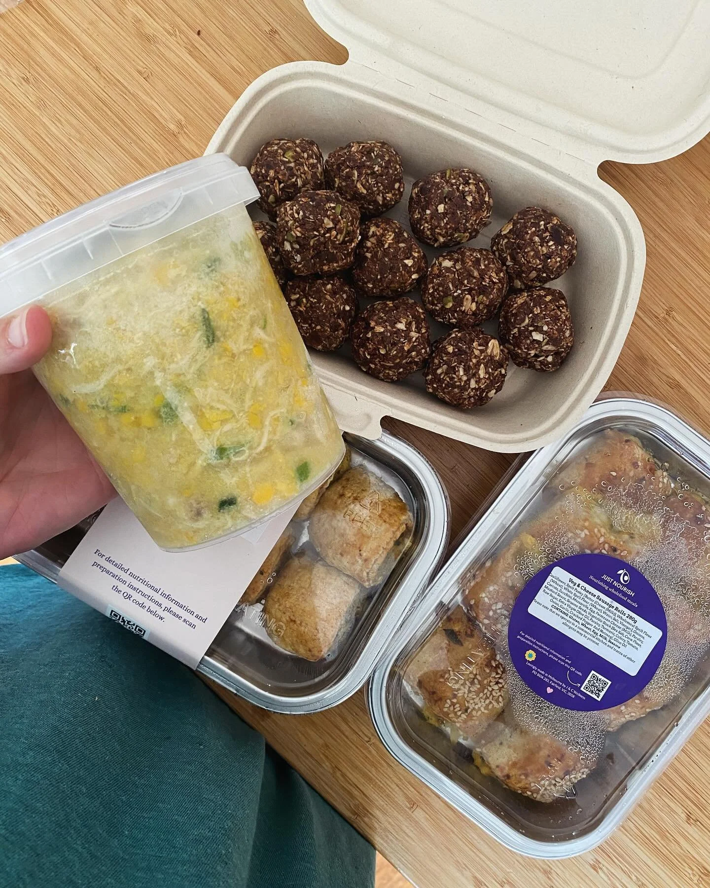 I arrived home from an epically long birth to find this package from @just.nourish on my doorstep.
So grateful to last-week-Tess for thinking a meal/snack delivery would be a good idea, and to Cinta for creating these snacks. The kids and I have just