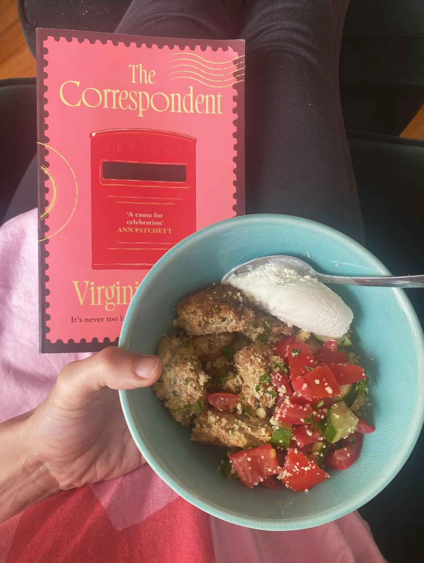 Lunch of leftover @ottolenghi turkey courgette burgers, salad, couscous and Greek yoghurt. I&rsquo;m usually so bad at having a good lunch, and trying to do better.
Eaten while finishing and coming to terms with this book. I loved it, it reminded me 