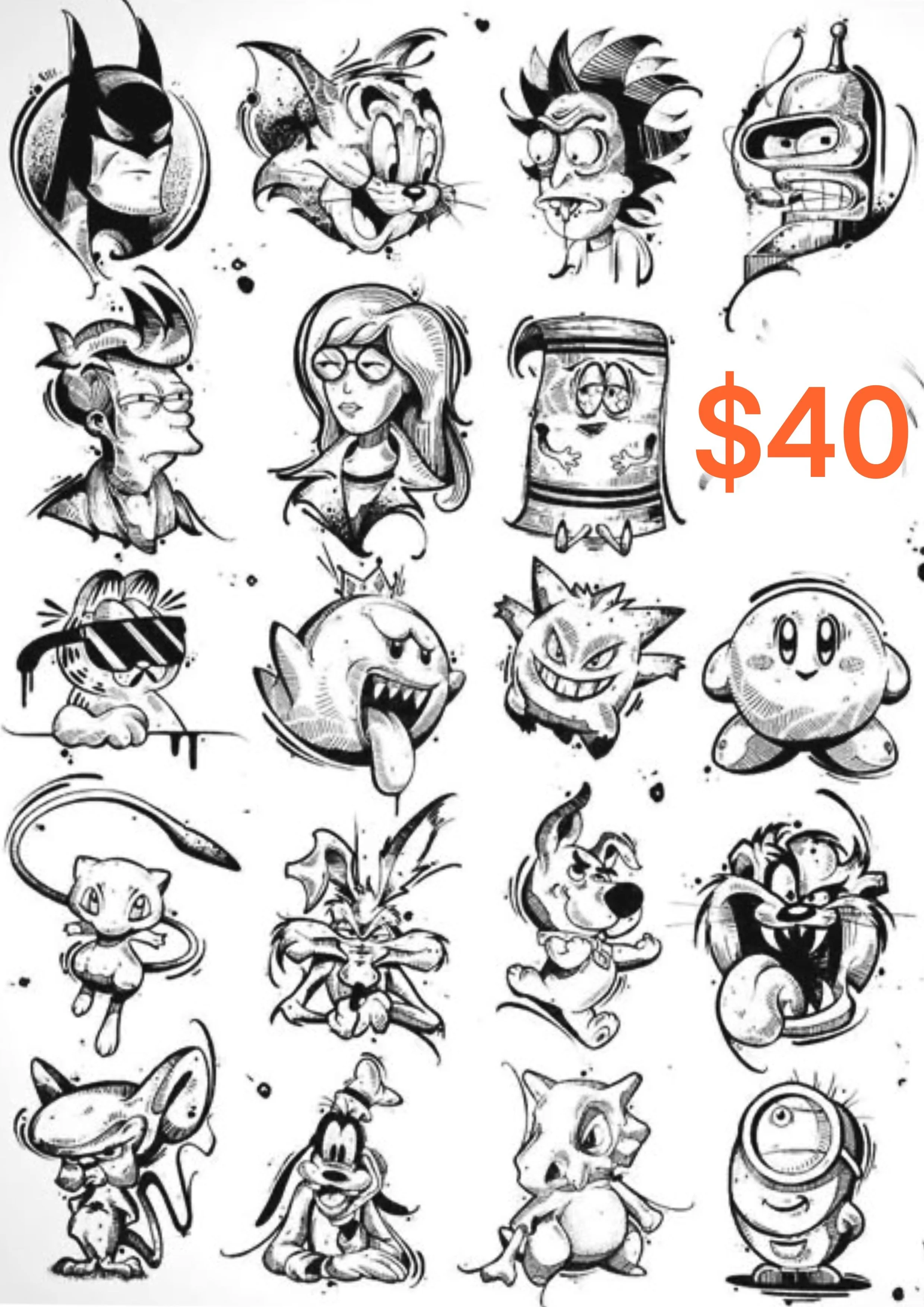 Black and white illustrations of various cartoon characters, including Batman, a cat, a lion, a robot, a woman, a soda can, a character with sunglasses, a ghost, a monstrous face, a smiling character, a cat with a crown, a fox, a dog, a tiger, a char