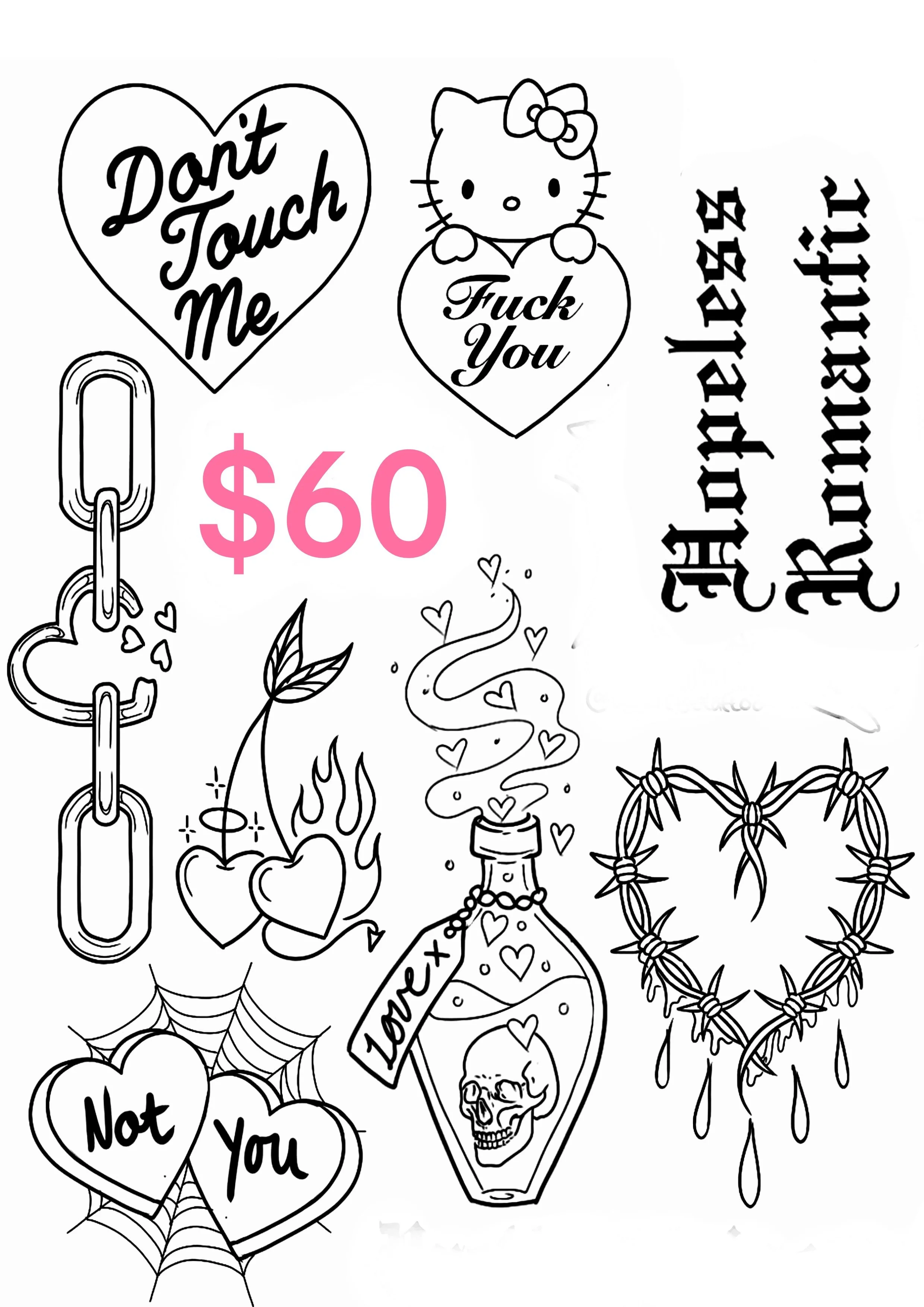Collection of black-and-white tattoo stencil-style designs, including text-based tattoos with phrases like 'Don't Touch Me,' 'Fuck You,' and 'Not You,' along with images of a chain, hearts, a flame with hearts, a bottle with a skull and the word 'Lov