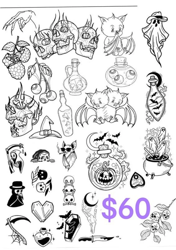 Collection of Halloween-themed illustrations including skulls, bats, cats, ghosts, potion bottles, a witch's hat, a broomstick, a haunted house, a cauldron, a skull with a moon, and a price tag of $60.