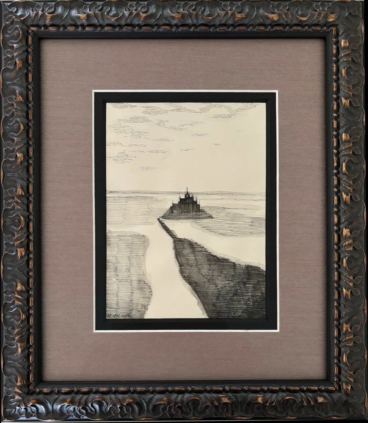 Mont Saint-Michel 
Pen on Paper 13&quot; x 15&quot;

The artwork captures Mont Saint-Michel in France. This fortified island is home to its famous Benedictine Abbey atop the rocky outcrop. The fairytale island is a little over a half mile off the coa