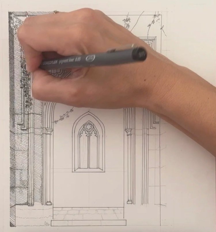 Architecture Atlas pen illustration drawing process