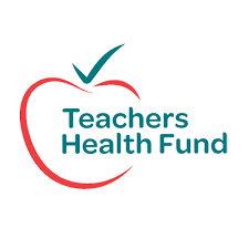 Logo for Teachers Health Fund featuring a red apple with a check mark and text