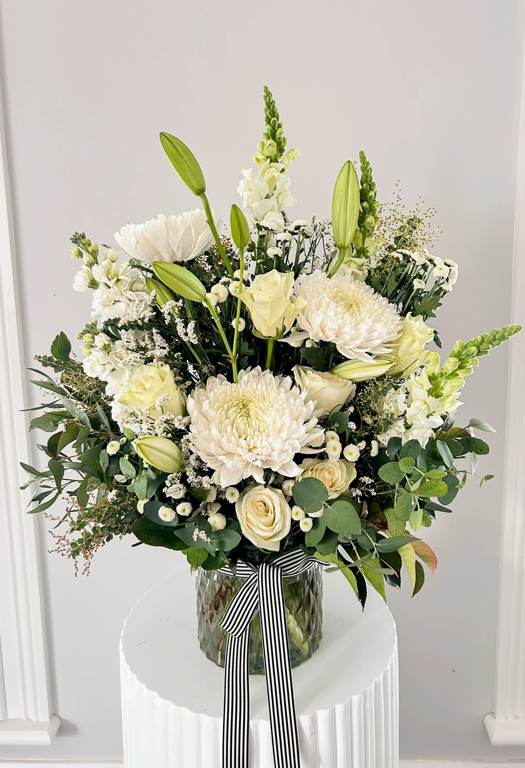 Sympathy flowers White & Green vases Melton & Bacchus Marsh