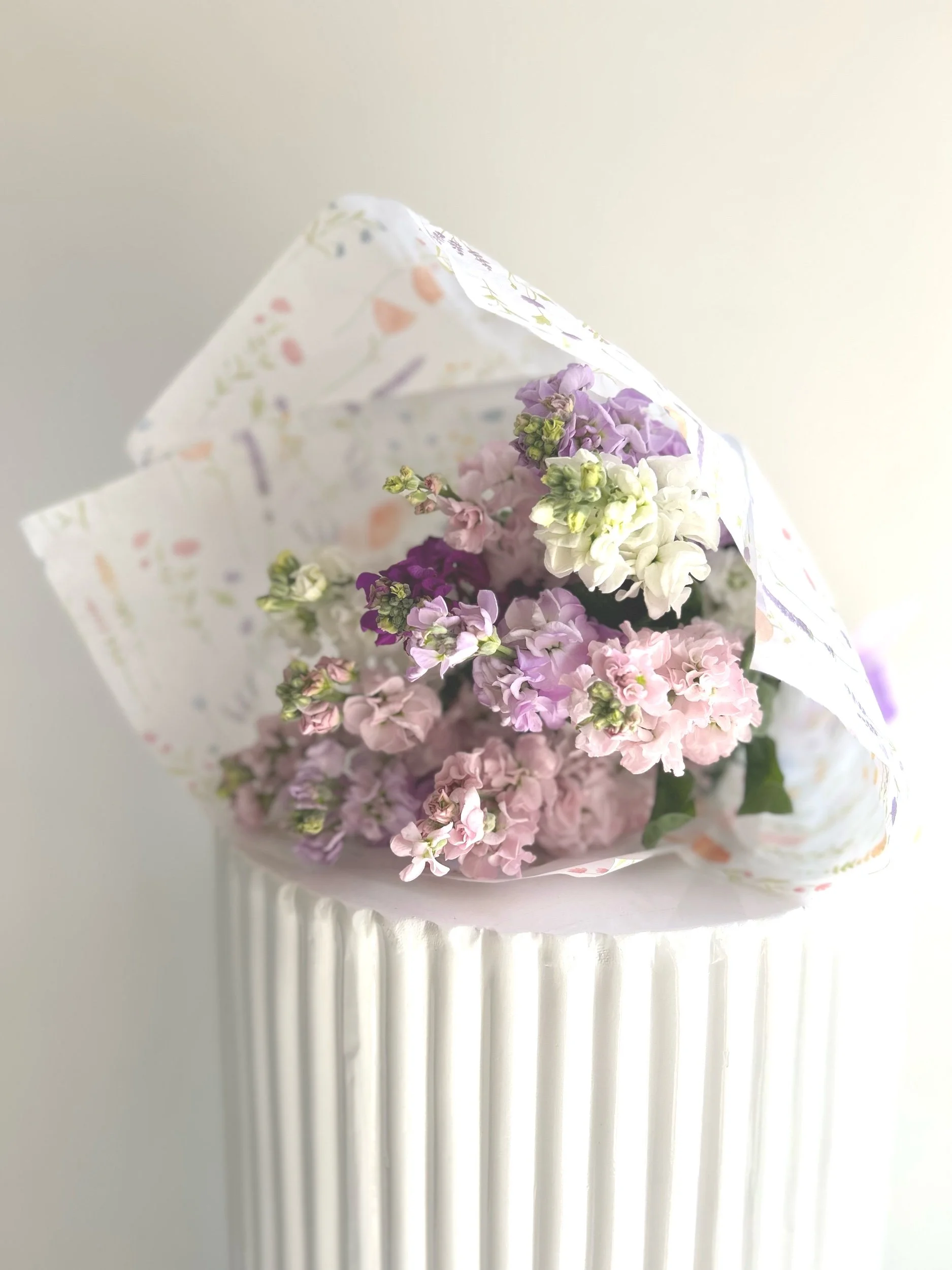 Stock En Masse. Beautiful fragrant stock grown on foxglove and ivy flower farm wrapped in pretty floral paper