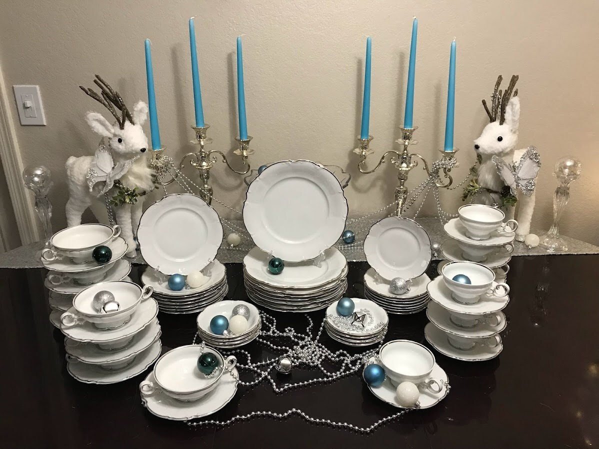 Hutschenreuther Bavaria White Scalloped Dinnerware Platinum Trim