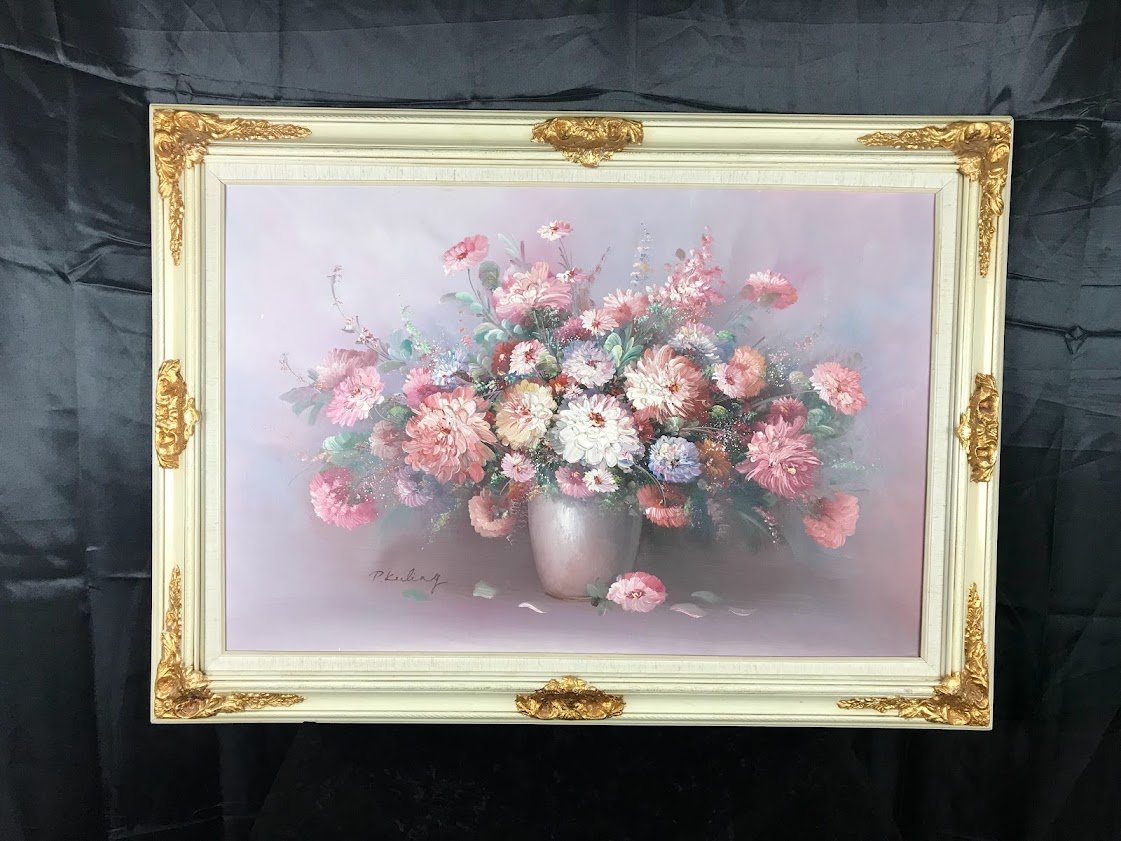 P Keeling Painting Still Florals, Soft Pinks, Gilt Frame
