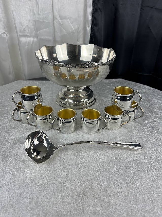 Silver Plate Punch Bowl Set, Cups, Ladle