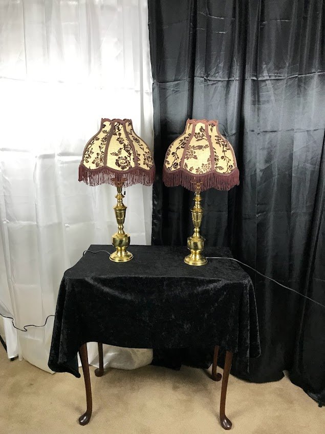 set of boho hand-stenciled burlap bell shades with silk fringe and brass table boudoir lamps