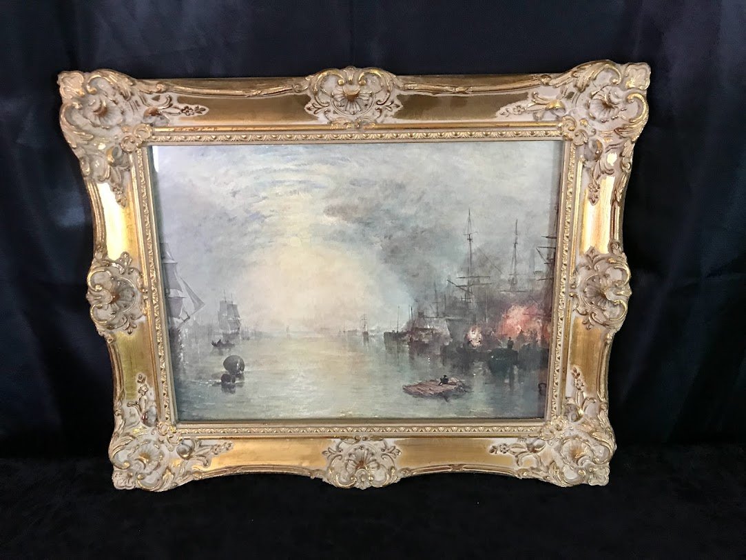 Turner “The Keelman Heaving in Coals by Moonlight” print capturing the english industrial age, depth in colors in ornate gilt golden frame measuring 15" x 12"