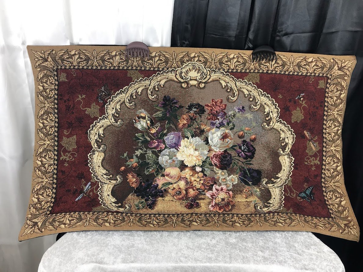 Elegant floral bouquet tapestry in gold and burgundy with a lovely outline of baroque gold. Flowers multi color, measures 45" x 27".