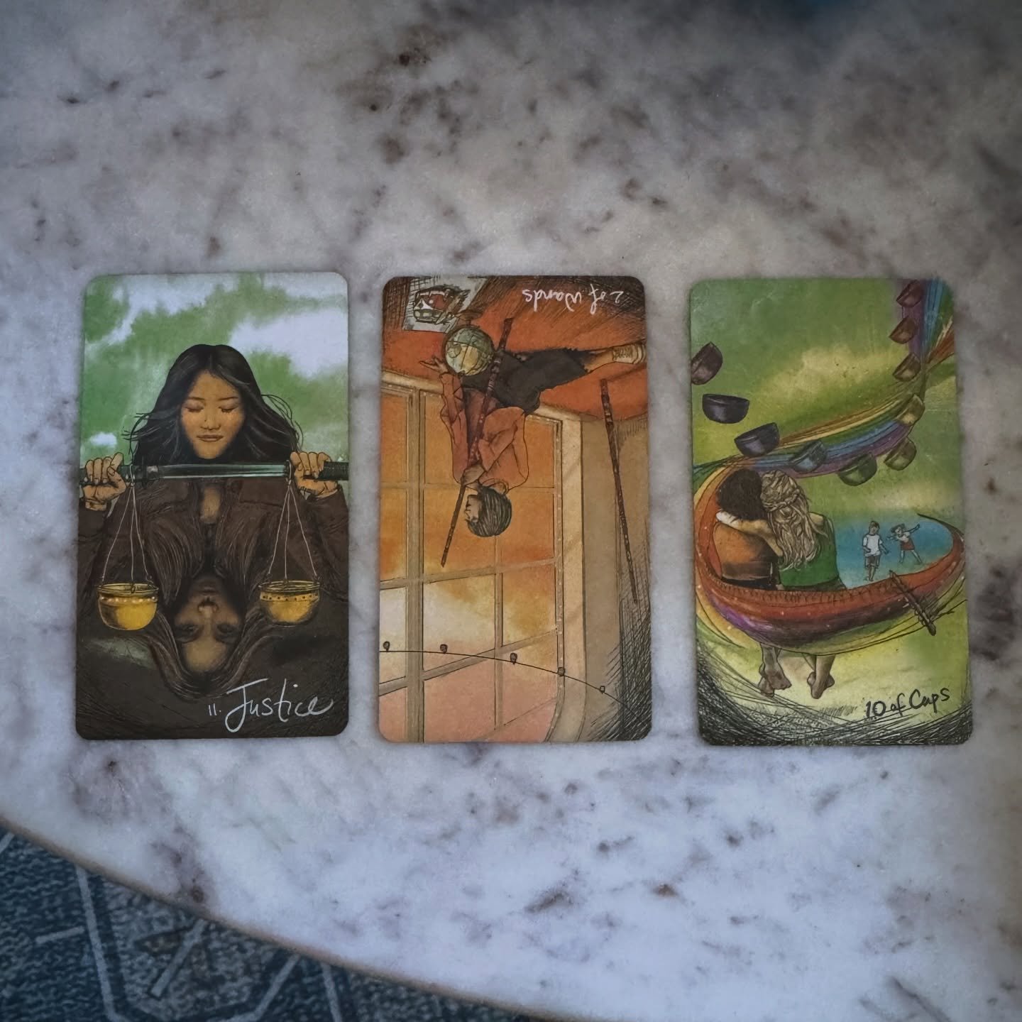 When I returned from a visit with my Brother, SIL, a baby nephew I discovered this thoughtful gift from a neighbor. The Light Seekers Tarot! 
First cards pulled 💜 🌈  A bright future lies ahead 🔟☕️🌈💜