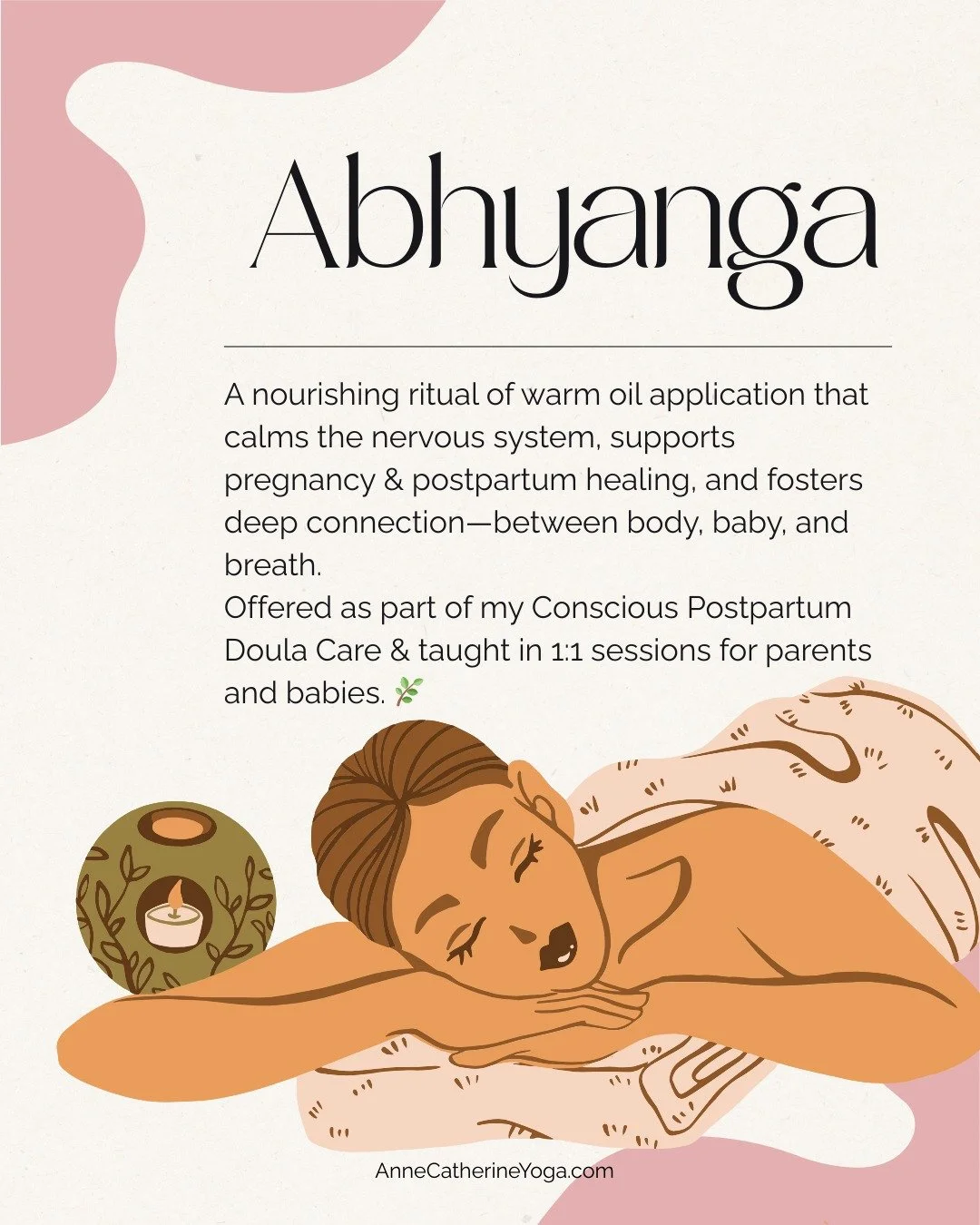 Abhyanga is the practice of applying warm oil to the body with intention.
Not to fix. Not to force. Simply to nourish.

For pregnant and postpartum people, abhyanga is especially supportive because it meets the body in a time of profound transition&m