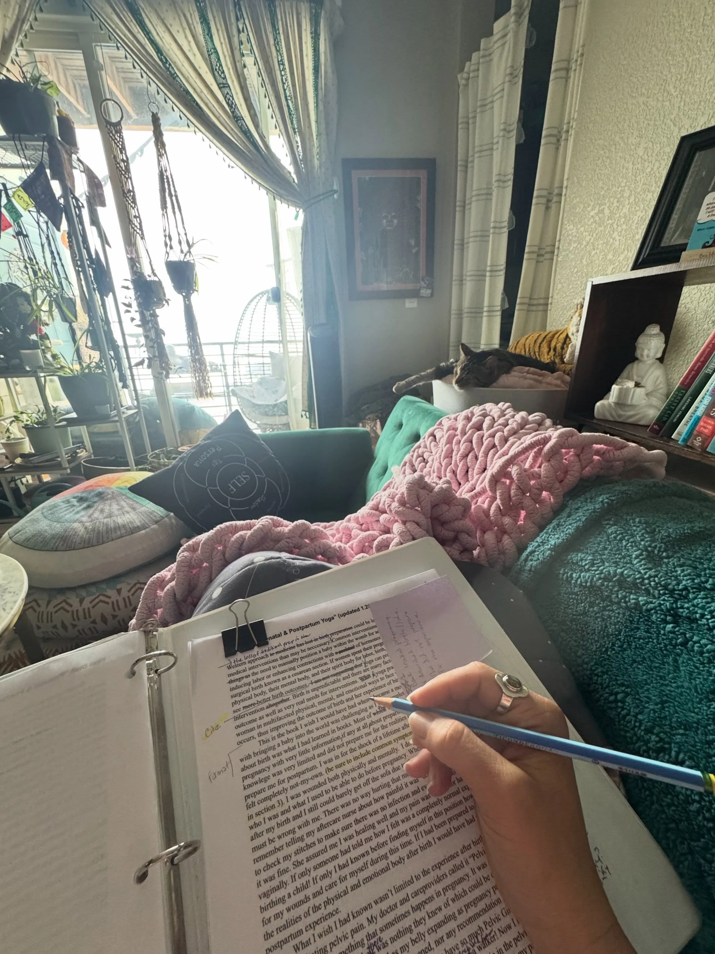 I hope you are all cozied up safe and warm on this surprising Snow Day in May! I&rsquo;m working on edits for my Perinatal Yoga book. I began this project in 2020, after much life transitions I am finally back at it. 
Thanks to my amazing book coach 