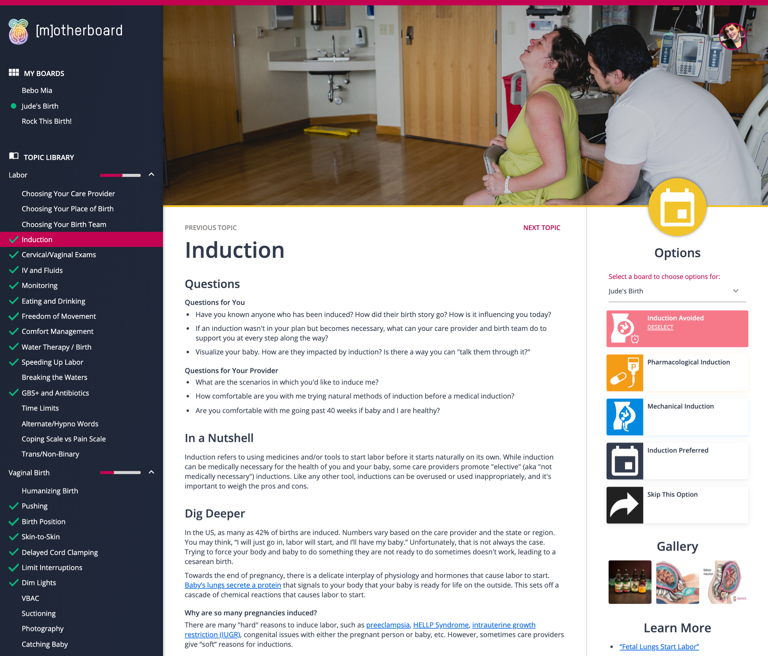 Screenshot of a website page about labor induction with questions to consider, options for induction preferences, and a photo of a couple in a hospital setting.