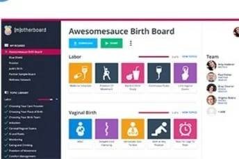 Screenshot of a birth planning dashboard called "Awesomesauce Birth Board" with sections for labor and vaginal birth. Includes navigation menu, icons representing different stages, and a team member list on the side. Features options like mobile induction, dining options, contraction push, water birth, dilation tracking, and more.