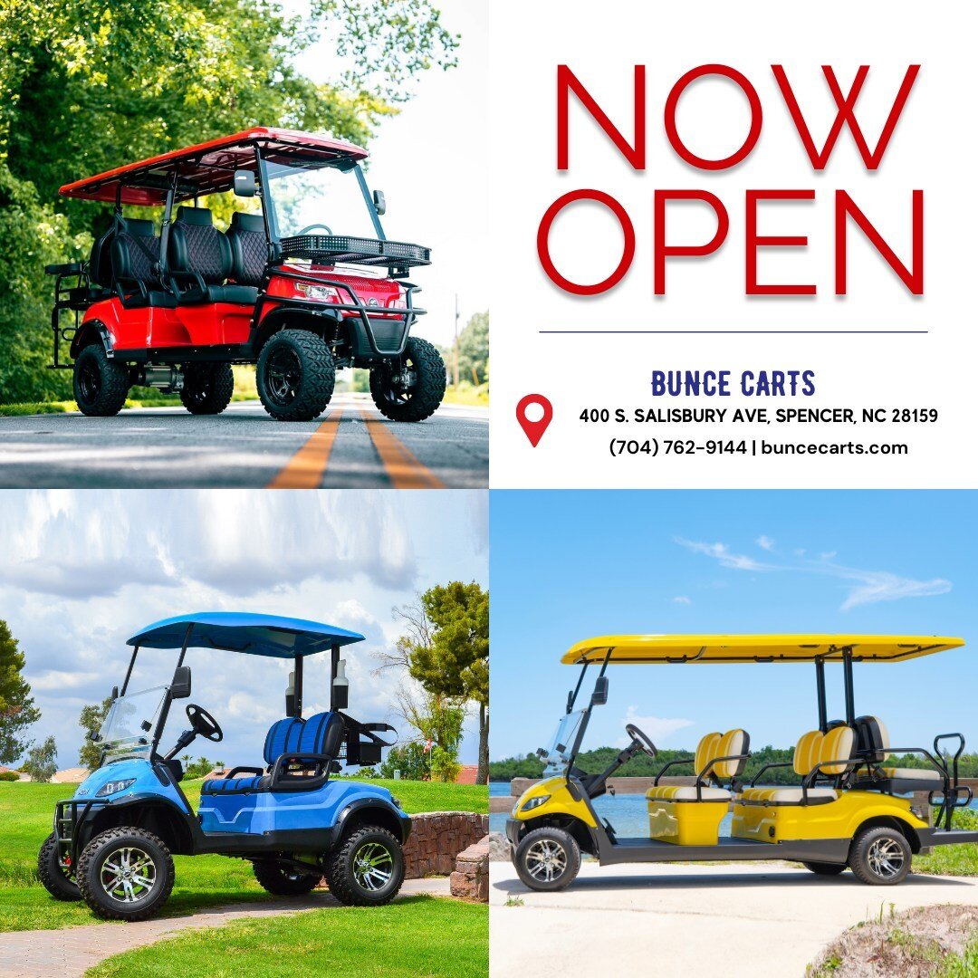 Bunce Carts of Spencer opens today. 9.23.23

Come check out our new store full of customizable EV golf and utility carts. ⤵

🚦 Street-legal w/ safety features
↕️ Lifted or standard height models
👨👩👧👦 2-8 passenger models

Located across from the