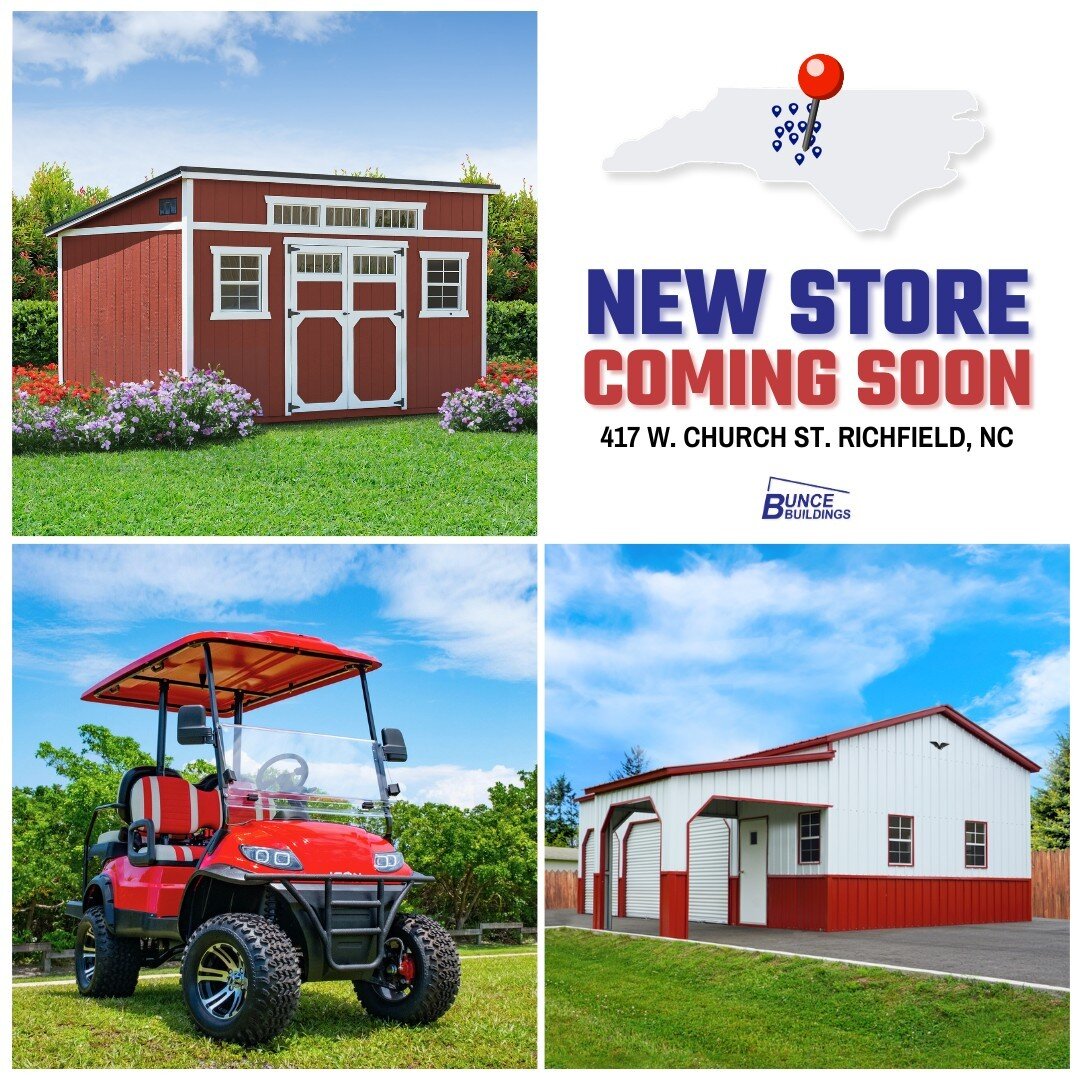 🎉 We're opening a new store in Richfield, NC! Come see our amazing selection of quality-built sheds, metal buildings, golf carts, e-bikes, and more during our soft opening this Saturday. 

📍Located at 417 W. Church St, Richfield, NC
🕙 Open: Mon. -