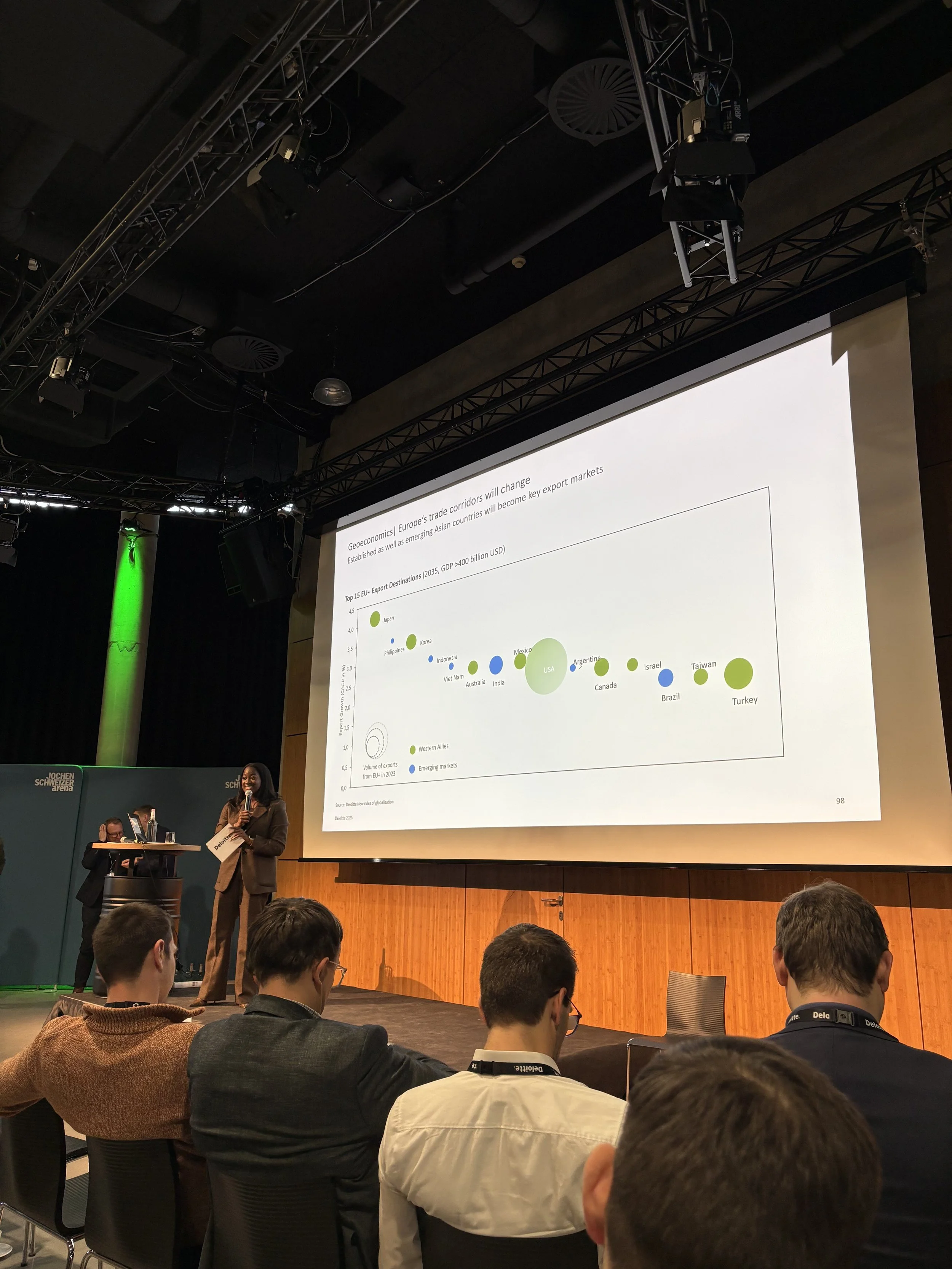 A conference room with a presentation slide on geopolitics projected on a screen, and an audience seated facing the stage. The slide shows a graph with bubbles representing countries' export destinations and trade data, with people in business attire listening attentively.