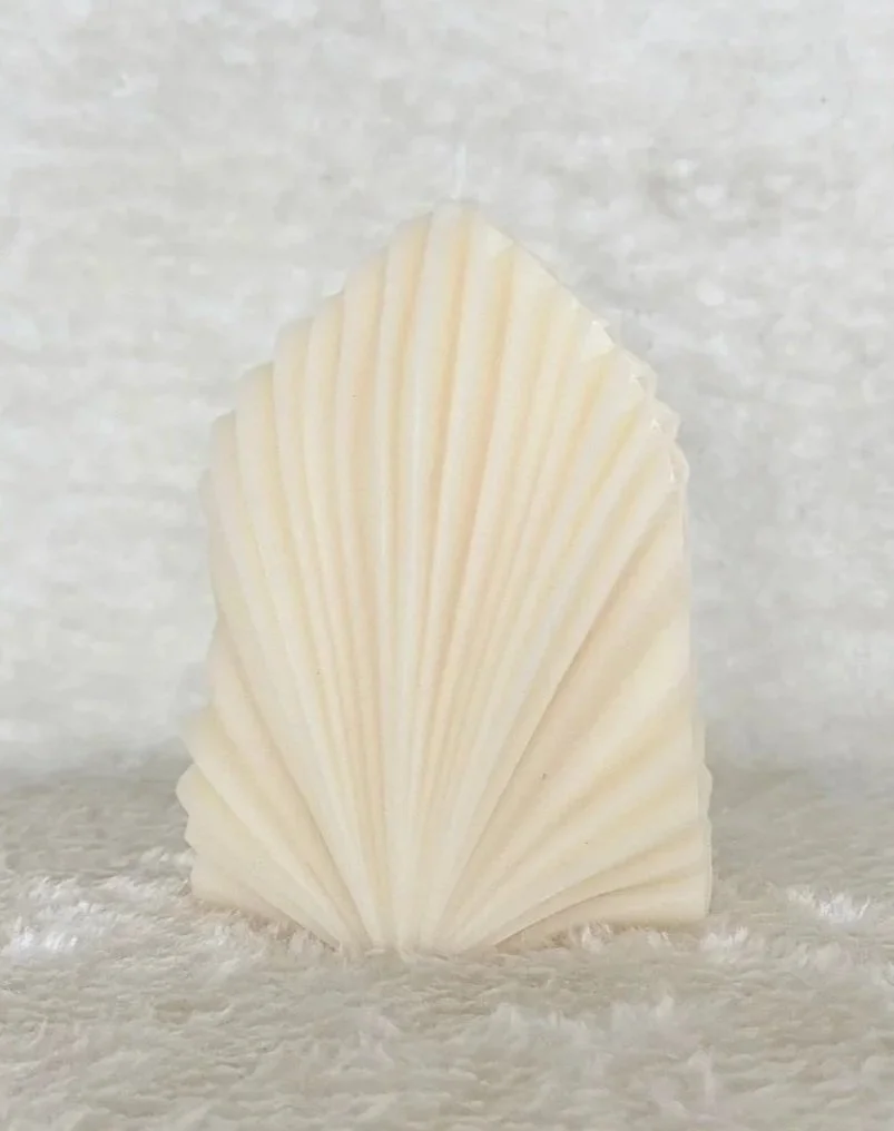 A white seashell with ridges, standing upright on a soft, fluffy, light-colored surface.