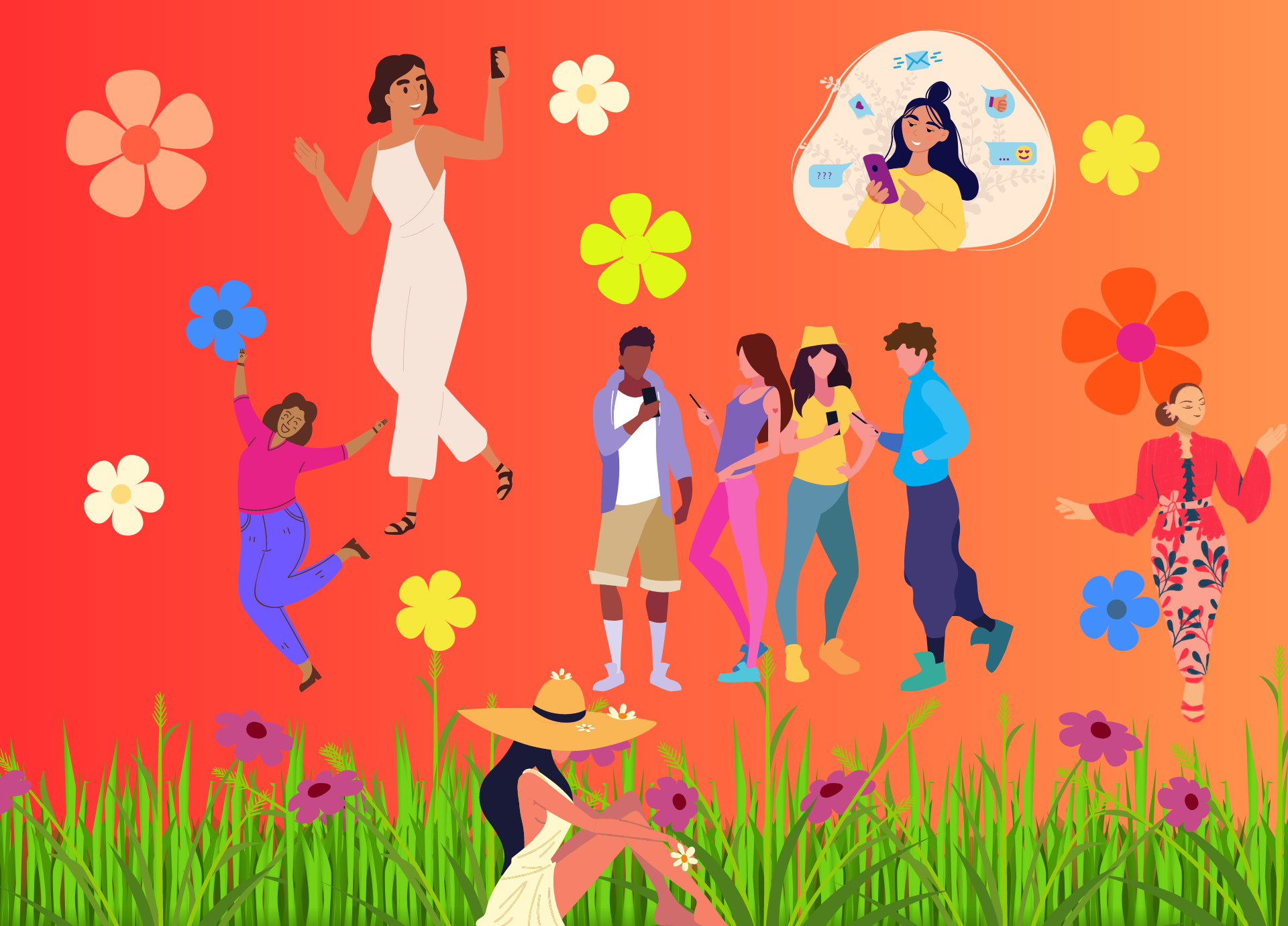 Illustration of diverse young people outdoors, some talking on phones, one woman sitting in grass with a hat, another using her phone, and a woman jumping with flowers around her, on a vibrant orange background.