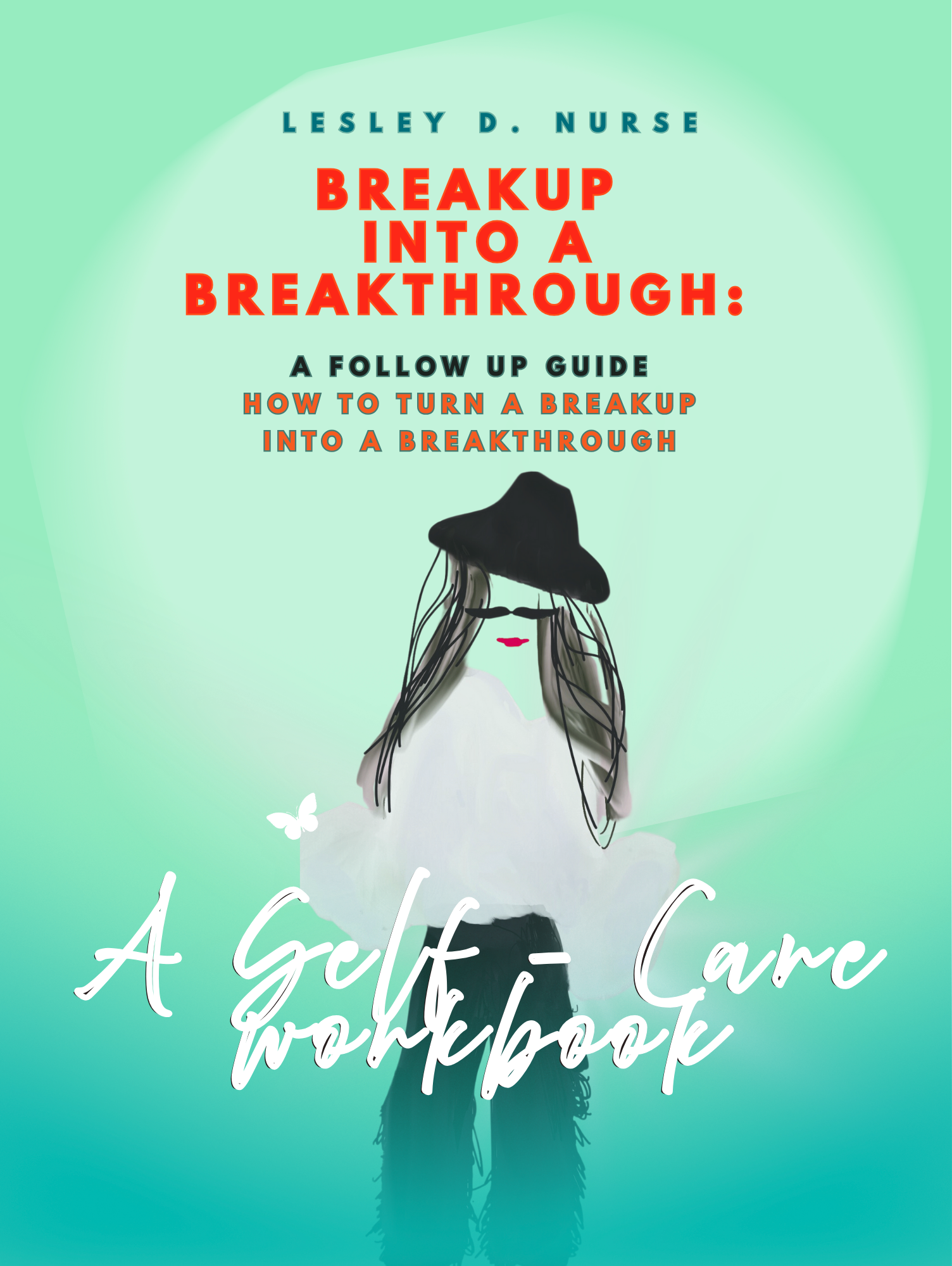 Book cover titled 'Breakup into a Breakthrough: A Follow Up Guide on How to Turn a Breakup into a Breakthrough' by Lesley D. Nurse, featuring an illustrated woman with long hair, wearing a black hat, sunglasses, and a white dress, standing against a 