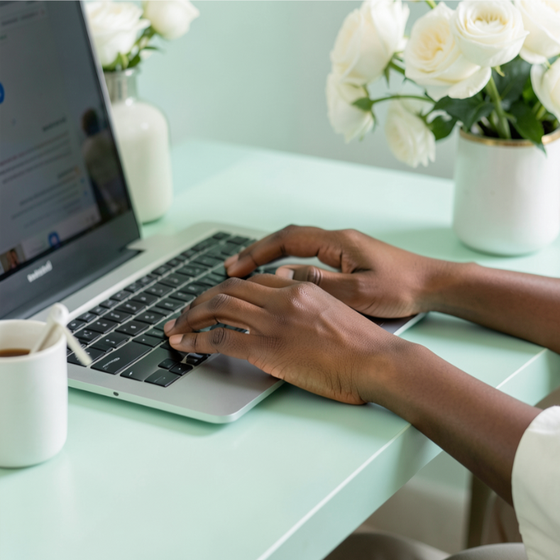 Person typing on a silver laptop with black keyboard, on a light green desk, alongside a mug with coffee, a vase of white roses, and a bottle of white liquid.