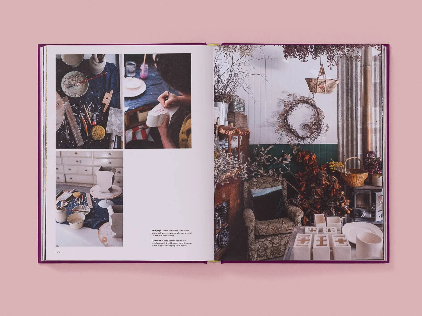 Open craft magazine showing photos of pottery and ceramics making process on the left page; cozy, decorated living room with plants, wreath, and vintage furniture on the right page.