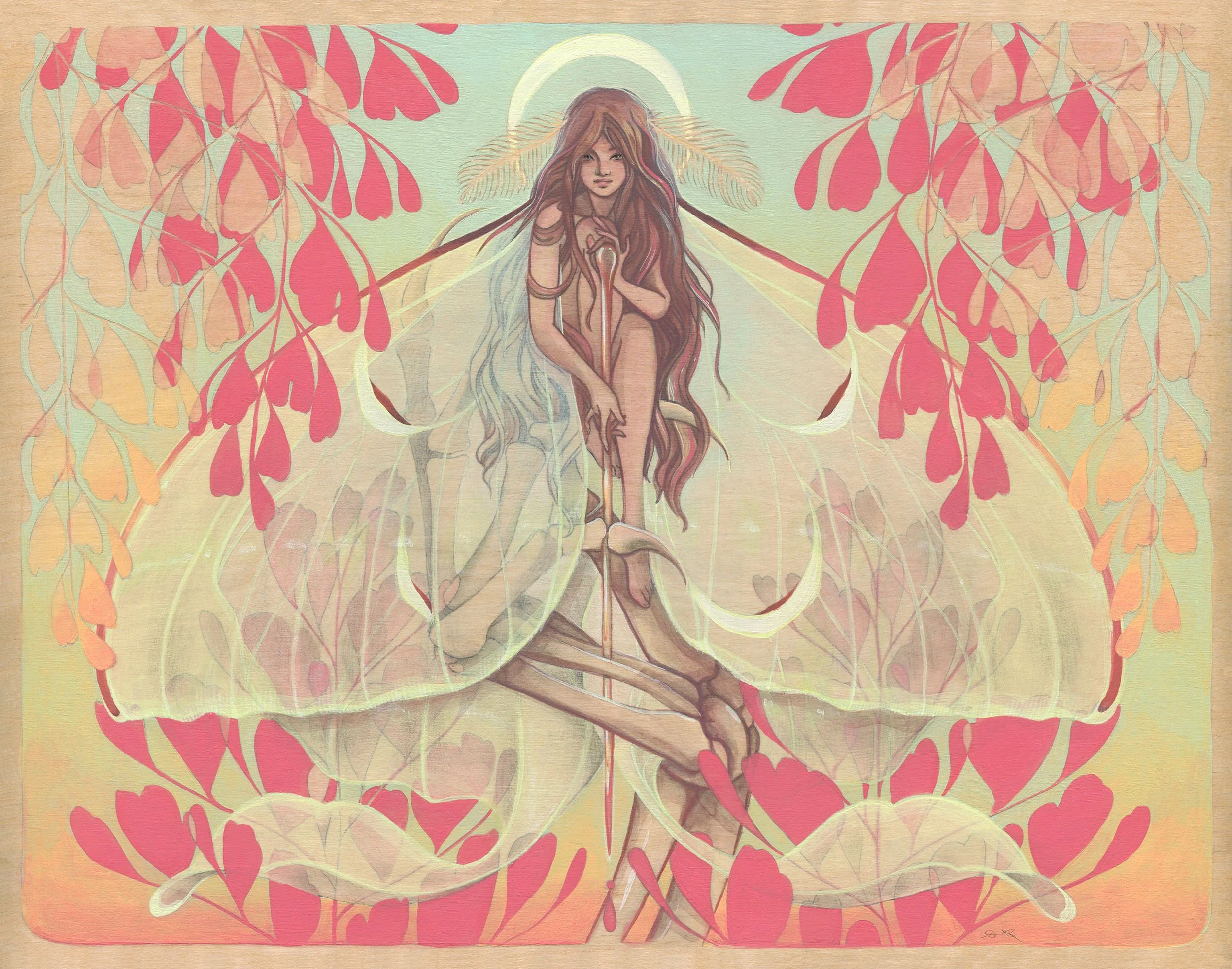 Demon Hunter - Actias Artemis | mixed media on cradled panel | 14 x 11"