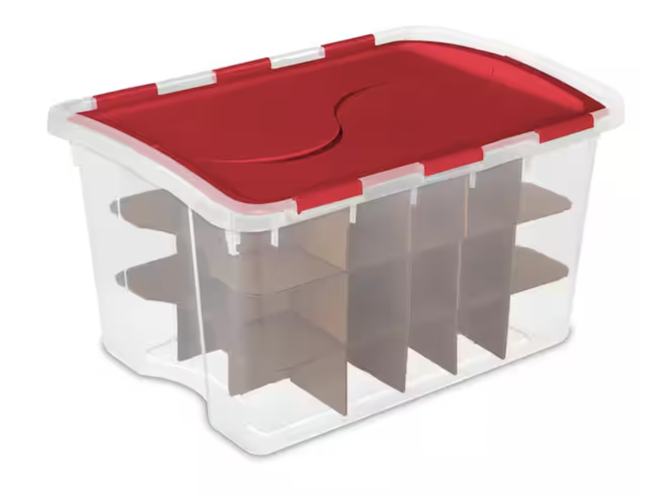 Clear Sterilite holiday ornament storage bin with red hinged lid and dividers for organizing Christmas ornaments.