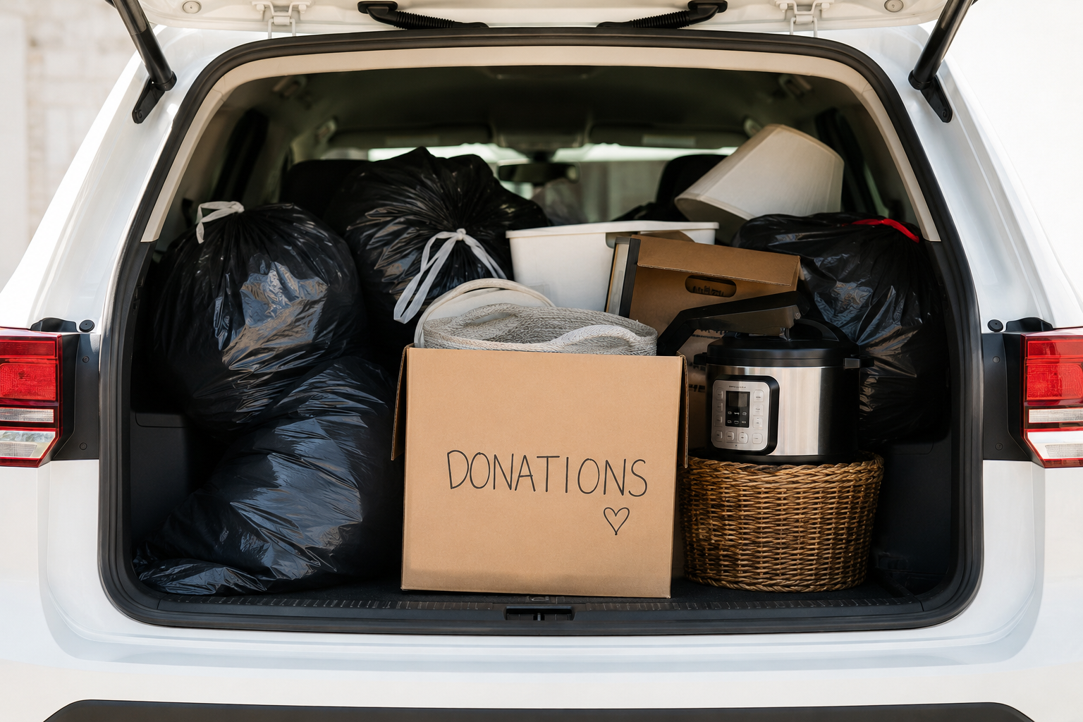 Open trunk of a white Volkswagen Atlas filled with household donation items, including boxes, bags, baskets, and small appliances ready for drop-off.