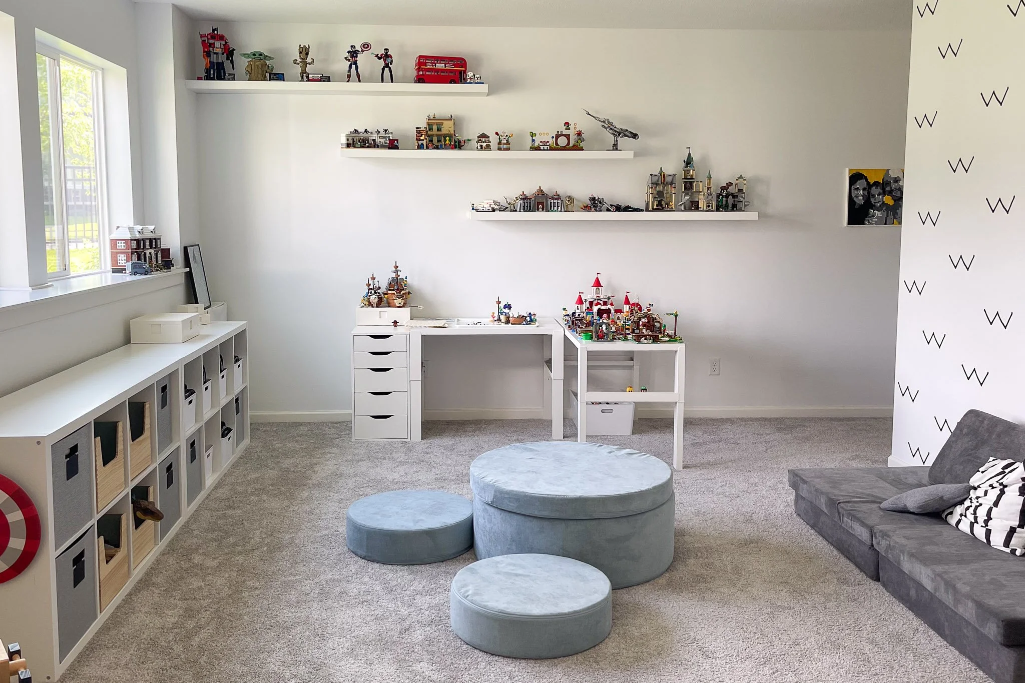Kids playroom organized with a LEGO storage system