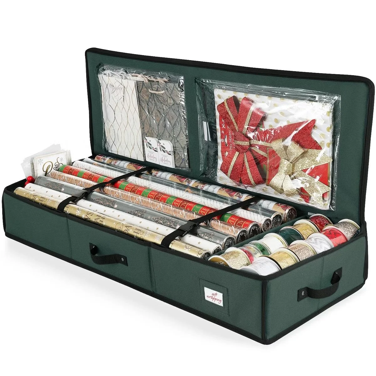 Hearth & Harbor holiday wrapping paper storage organizer with zippered closure and compartments for gift wrapping supplies.