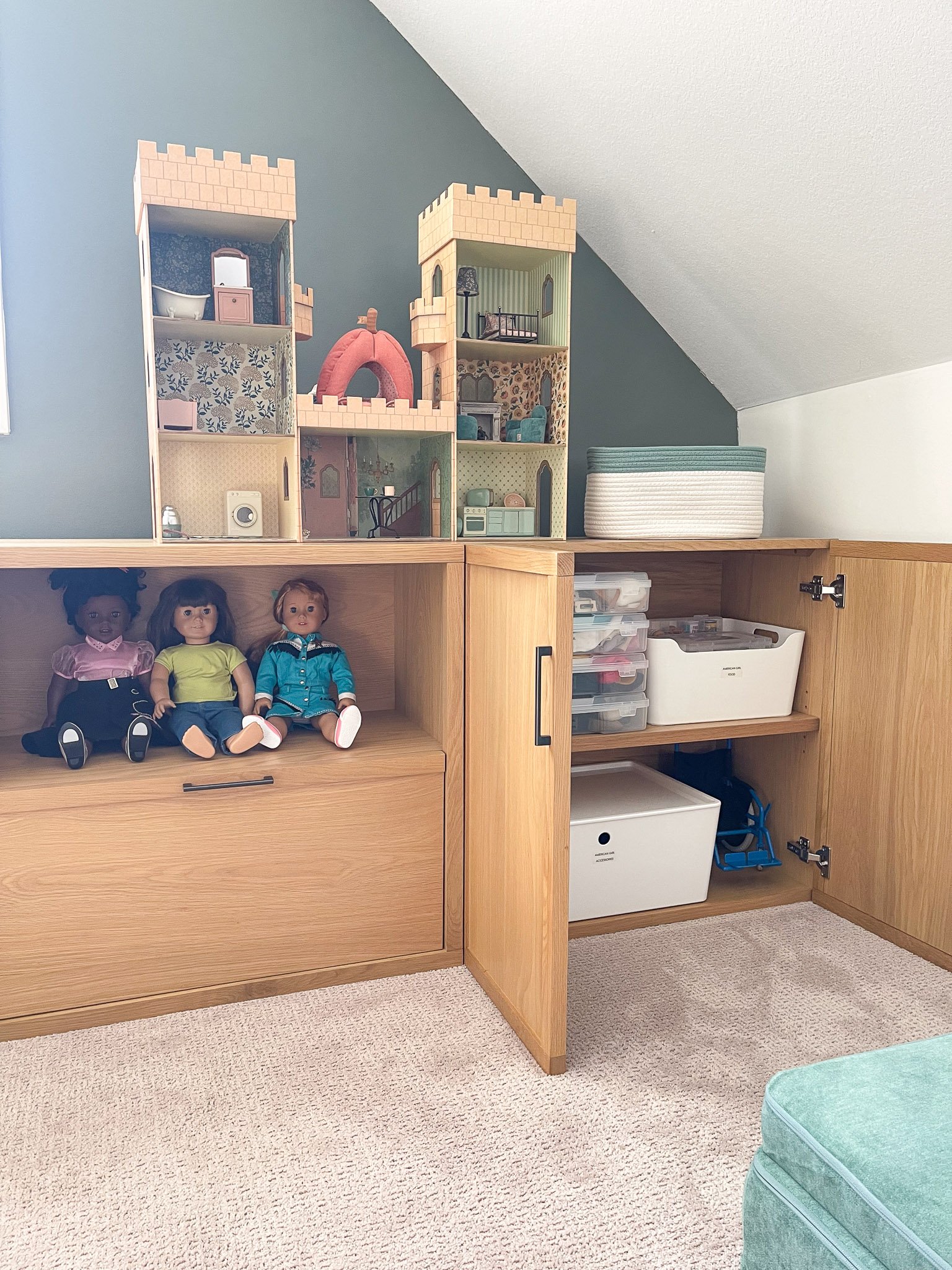 Playroom loft organized with custom storage for toys and games