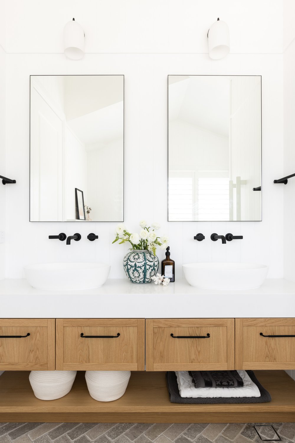 Heliconia Interior Designers Northern Beaches Manly The Gable House Farmhouse Hamptons Renovation Guest Bathroom Basin and Mirror.jpg
