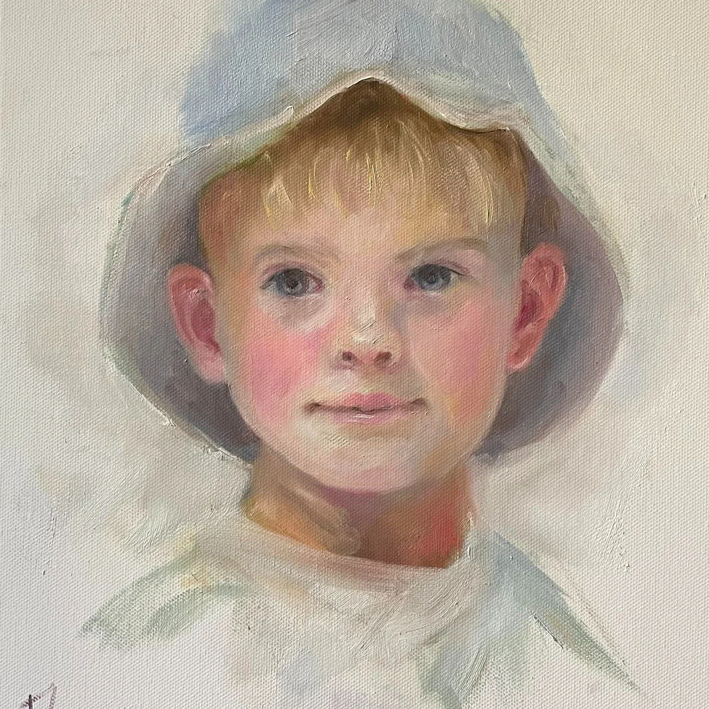 Portraits of children

This oil on canvas portrait is a simple head and shoulders 11&rdquo;x14&rdquo; with a plain white background.

I can paint a portrait of your children or grandchildren like this from a good photo.