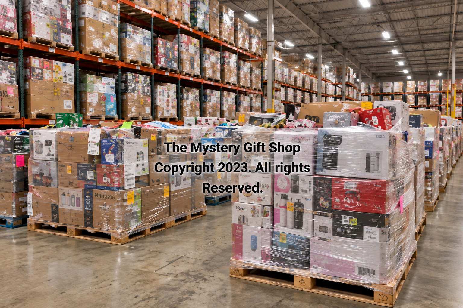 Warehouse aisle filled with pallets of boxed products, wrapped in plastic and stacked on metal shelves.